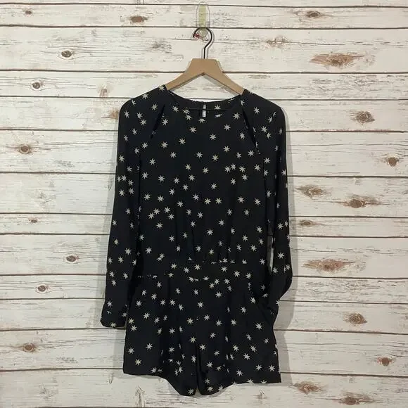 Pam & Gela Long Sleeve Silk Romper - Black & Cream - 0